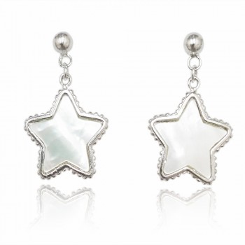 Sterling Silver Earring White Mother of Pearl Inlay Star Dangle