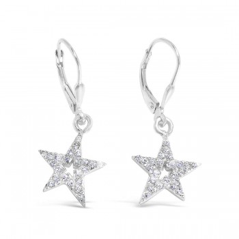 Sterling Silver Earring Star Clear Cubic Zirconia Line Drop With Leverback