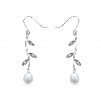 Sterling Silver Earring 7Mm White Fresh Water Pearl W/3 Clear Cubic Zirconia Leaves On St