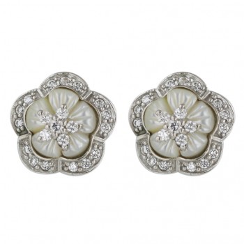 Sterling Silver Earring 15mm 5 White Mother of Pearl Petals with Clear Cubic Zirconia Flower Ctr+C