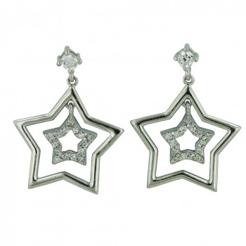 Sterling Silver Earring Plain+Clear Cubic Zirconia Open Star Dangle