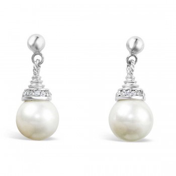 Sterling Silver Earring 10mm White Faux Pearl with Clear Cubic Zirconia