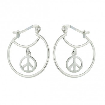 Sterling Silver Earring 22.5mm Circle Latch Hoop with Open Peace Sym