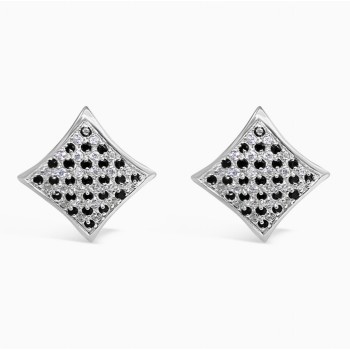 Sterling Silver Earring Squeeze in 13X13mm (Puff) Square Pave Black+Clear