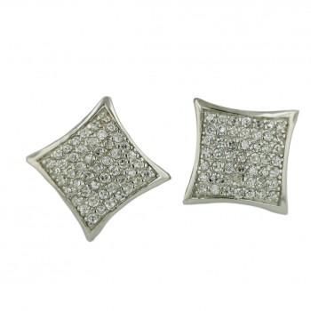 Sterling Silver Earring Squeeze in 13X13mm (Puff) Square Pave Clear Cubic Zirconia