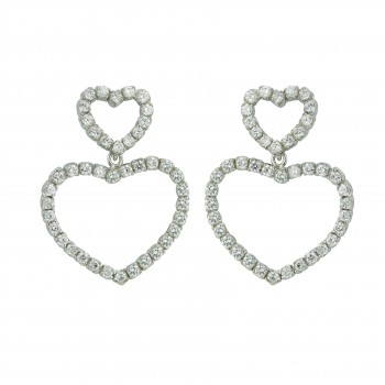 Sterling Silver Earring 2 Clear Cubic Zirconia Open Heart