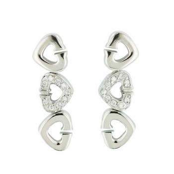 Sterling Silver Earring 2 Plain Hearts with Clear Cubic Zirconia Heart Ctr