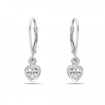 Sterling Silver Earring 6X6Mm Clear Cubic Zirconia Heart Bezel With Levelback***