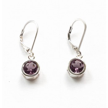 Sterling Silver Earring 8Mm Amethyst Cubic Zirconia Round Bezel With Levelbac