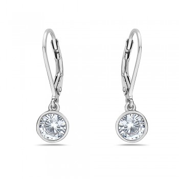 Sterling Silver Earring 7mm Clear Cubic Zirconia Round Bezel with Levelback--Rhodium Plating