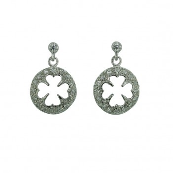 Sterling Silver Earring Clover Cutout Pave Clear Cubic Zirconia Dangle