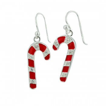 Sterling Silver Earring Rd Candy Cane with Clear Cubic Zirconia