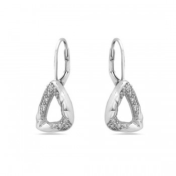 Sterling Silver Earring Twisted Open Triangle Plain+Clear Cubic Zirconia with Stif