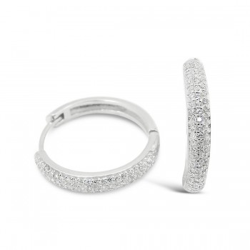 STERLING SILVER EARRING HOOP PAVE CUBIC ZIRCONIA ROUND