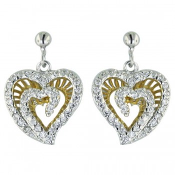 Sterling Silver Earring 2 Tone Gold Clear Cubic Zirconia 2 Layer Open Heart