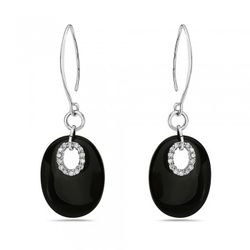 Sterling Silver EARRING 24X18MM BLACK ONYX OVAL W/CLEAR Cubic Zirconia WITH ALMOND HOOK-2S-4714NCL-2