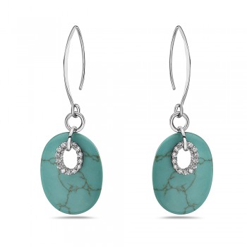 Sterling Silver EARRING 24X18MM FAUX TURQUOISE OVAL W/CLEAR Cubic Zirconia WITH ALMOND HOOK-2S-4714TQCL-2