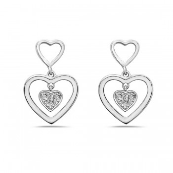 Sterling Silver Earring 13mm Plain Open Heart with Clear Cubic Zirconia Heart inside