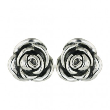 Sterling Silver Earring Plain 22mm Rose with Oxidized Inner Petals--