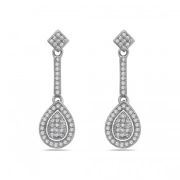 Sterling Silver Earring Micropave Clear Cubic Zirconia Square+Long Bar+Tear Drop