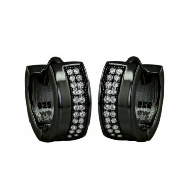 Sterling Silver Earring Micropave Clear Cubic Zirconia Huggies with Black Plating
