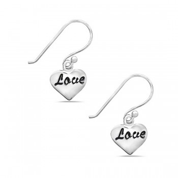 Sterling Silver Earring Plain Heart with Oxidized Word "Love"--E-coated/Nickle Free