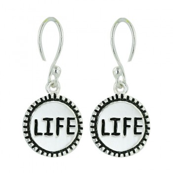 Sterling Silver Earring 11mm Plain Round with Oxidized Word "Life" Ox