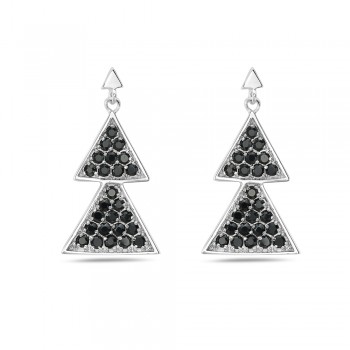 Sterling Silver Earring 23mm Black Cubic Zirconia Double Triangles Bezel Set--Rhodium Plating
