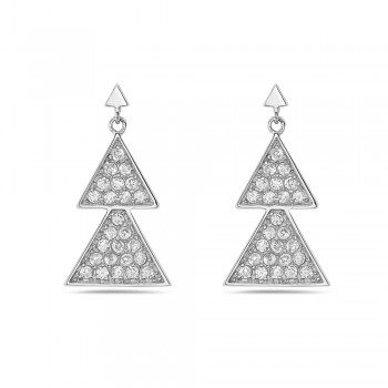 Sterling Silver Earring 24mm Clear Cubic Zirconia Double Triangle Bezel Set--Rhodium Plating/