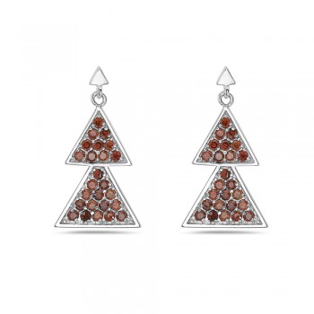 Sterling Silver Earring 23mm Garnet Cubic Zirconia Double Triangles Bezel Set--Rhodium Plating