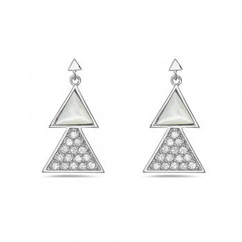 Sterling Silver Earring 23mm White Mother of Pearl Top with Clear Cubic Zirconia Bottom Triangle