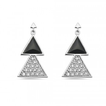 Sterling Silver Earring 23mm Onyx Top with Clear Cubic Zirconia Bottom Triangles Bez