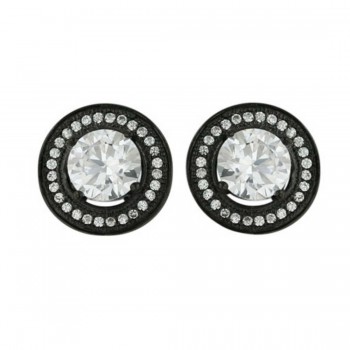 Sterling Silver Earring 6.5mm Round Micropave Clear Cubic Zirconia with Black Plating
