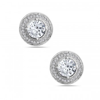 Sterling Silver Earring 6.5mm Round Micropave Clear Cubic Zirconia with Rhodium Plating Plating