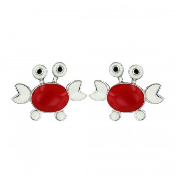 Sterling Silver Earring Red+White Enamel Crab with Black Eyes