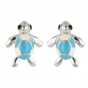 Sterling Silver Earring Turquoise.Blue+White Enamel Turtle