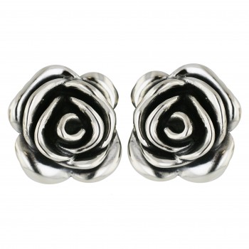 Sterling Silver Earring 25mm Plain Rose with Oxidized Inner Petals--
