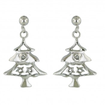 Sterling Silver Earring Plain Christmas Tree with 2Pcs Diamond