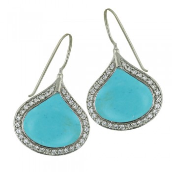Sterling Silver Earring 21mm Faux Turquoise Tear Drop with Clear Cubic Zirconia Around--Rhodium Plating/Nickle Free