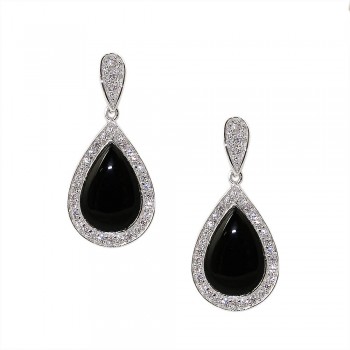 Sterling Silver Earring Onyx Teardrop with Clear Cubic Zirconia Outline