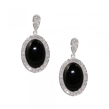 Sterling Silver Earring Oval Onyx with Clear Cubic Zirconia Outline
