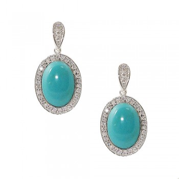 Sterling Silver Earring Oval Reconstitute Turquoise Clear Cubic Zirconia