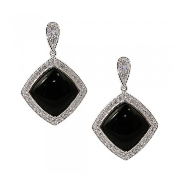 Sterling Silver Earring 25X25mm Onyx Rhombus with Silver+Clear Cubic Zirconia Butter