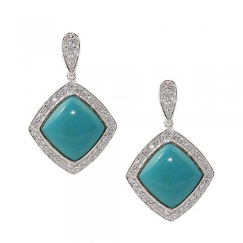 Sterling Silver Earring Faux Turquoise Rhombus Clear Cubic Zirconia Outline