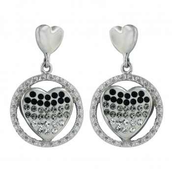 Sterling Silver Earring 11mm Black Diamond+Bk+Clear Jk Crystal Heart with C