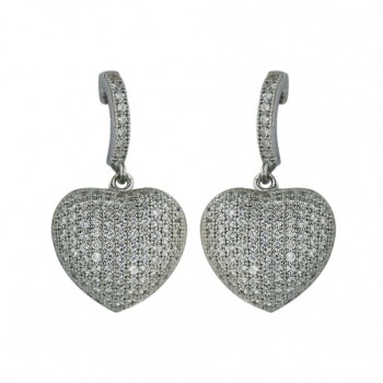 Sterling Silver Earring 13X13mm Micropave Clear Cubic Zirconia Puff Heart Dang