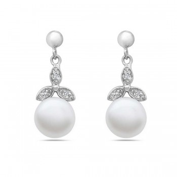 Sterling Silver Earring 10mm White Fresh Water Pearl with Clear Cubic Zirconia