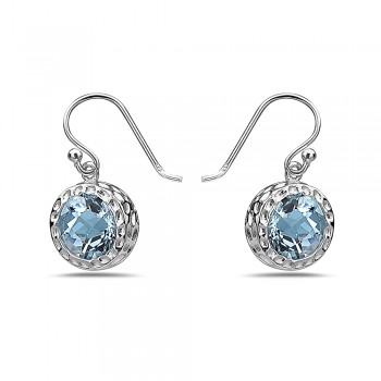 Sterling Silver Earring 13mm Blue Topaz Gem Stone Round Chess Cut Hammerre