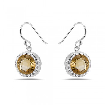 Sterling Silver Earring 13mm Citrine Gem Stone Round Chess Cut Hammerre