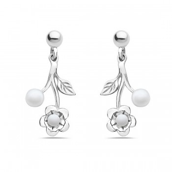 Sterling Silver Earring 4+2.5mm White Fresh Water Pearl with Flower+Line Texture Leaf
